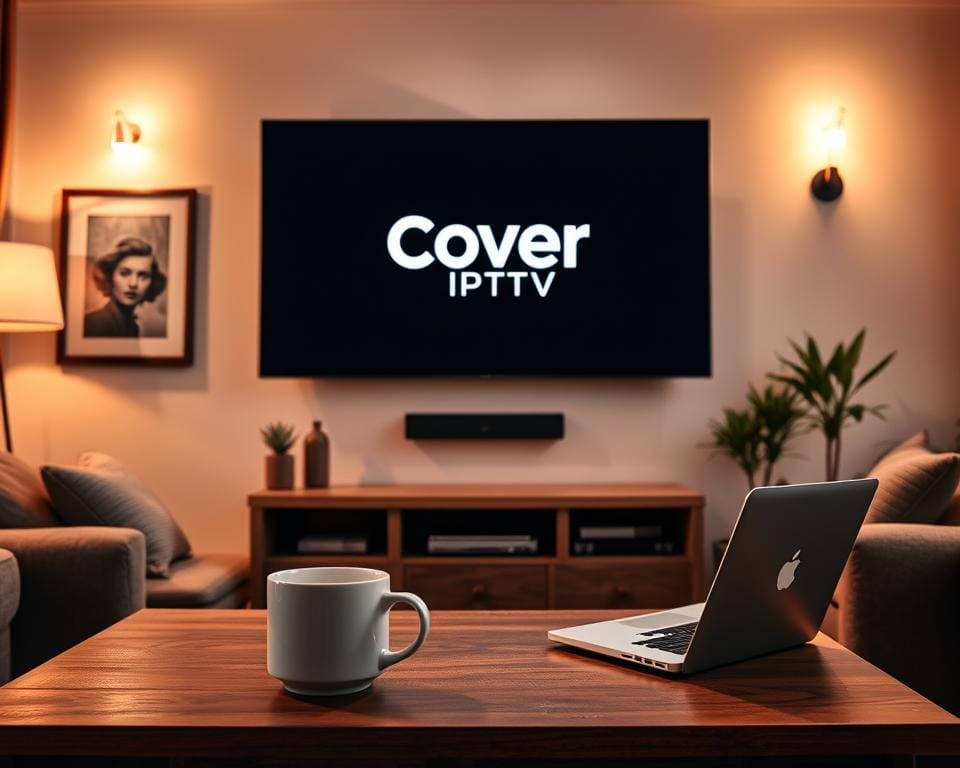 A cozy French living room setting, with a large flatscreen TV mounted on the wall. Warm, ambient lighting casts a soft glow throughout the space. On the TV screen, the Cover IPTV logo is prominently displayed, surrounded by a clean, minimalist interface. In the foreground, a wooden coffee table holds a steaming mug of coffee and a laptop, reflecting the user's engagement with the service. Framed artwork and potted plants add personal touches, creating an inviting and authentic atmosphere. The overall composition conveys a sense of comfort, practicality, and satisfaction with the Cover IPTV experience.