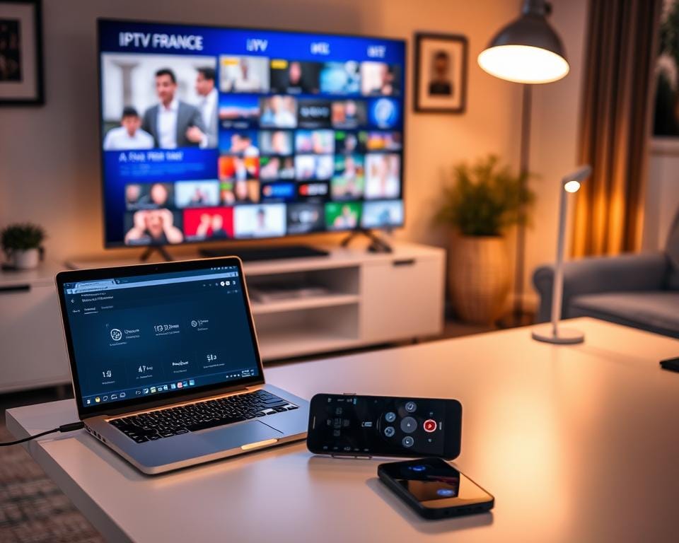 A cozy home office setup, bathed in warm, soft lighting. A laptop sits open on a clean, minimalist desk, displaying the IPTV France interface. A smartphone rests nearby, its screen showing the IPTV app. In the background, a large TV screen displays a variety of live channels and on-demand content. The room is accented with tasteful decor, creating a professional yet inviting atmosphere, perfect for setting up and configuring an IPTV service in France.