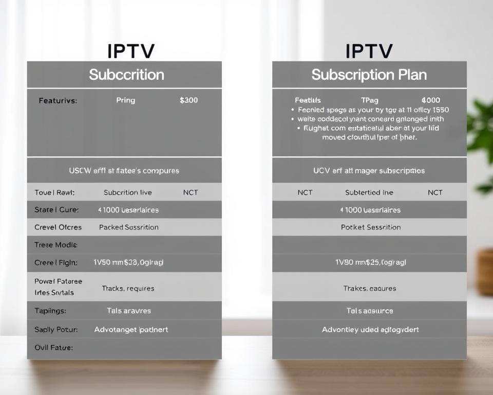 A detailed comparison of IPTV subscription plans, showcasing their features, pricing, and benefits side-by-side. The image should have a clean, modern layout with minimal text, emphasizing the visual comparison. Bright, natural lighting illuminates the scene, with a soft, slightly blurred background to keep the focus on the subscription details. The overall mood should be informative and authoritative, guiding the viewer through the key factors to consider when choosing the best IPTV plan for their needs.