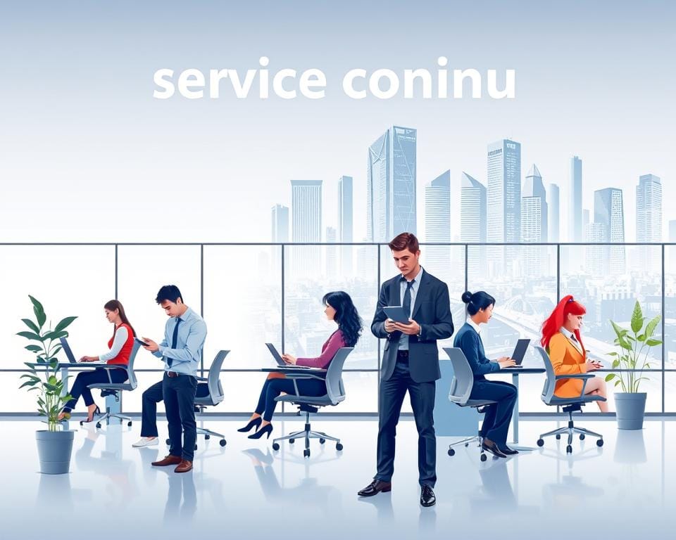 A detailed, modern illustration of "service continu" showcasing a professional, flexible subscription service. In the foreground, a group of diverse office workers collaborating seamlessly on digital devices against a clean, minimalist backdrop. The middle ground features a sleek, modern office space with ergonomic furniture and ample natural lighting, conveying a sense of productivity and efficiency. In the background, a cityscape with towering skyscrapers and a vibrant, bustling atmosphere, representing the comprehensive, wide-ranging nature of the subscription service. The overall scene exudes a polished, professional, and forward-thinking ambiance, perfectly suited to illustrate the "Secteurs et services proposant des Abonnements Stables" section of the article.