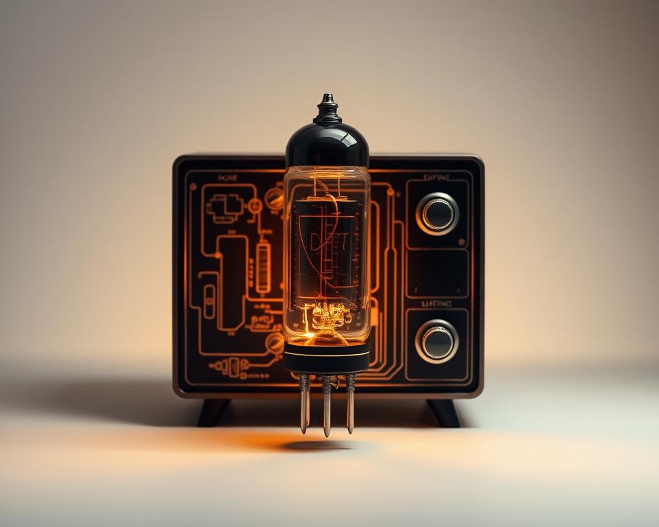 A detailed, technical schematic of a diagnostic TV tube, illuminated with soft, indirect lighting that casts gentle shadows and highlights the intricate components. The tube is positioned prominently in the center, surrounded by a minimalist, clean background that allows the device to be the focal point. The design should convey a sense of precision, functionality, and the methodical process of troubleshooting and repairing vintage television sets.