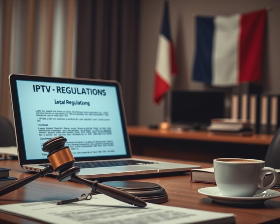A dimly lit office scene, with a laptop on a desk displaying legal documents pertaining to IPTV regulations in France. The foreground features a gavel, legal books, and a cup of coffee, suggesting the serious and professional nature of the subject matter. The middle ground showcases a French flag, hinting at the national context, while the background is softly blurred, keeping the focus on the main elements. The lighting is warm and subdued, creating a contemplative atmosphere befitting the legal and regulatory aspects of IPTV services.