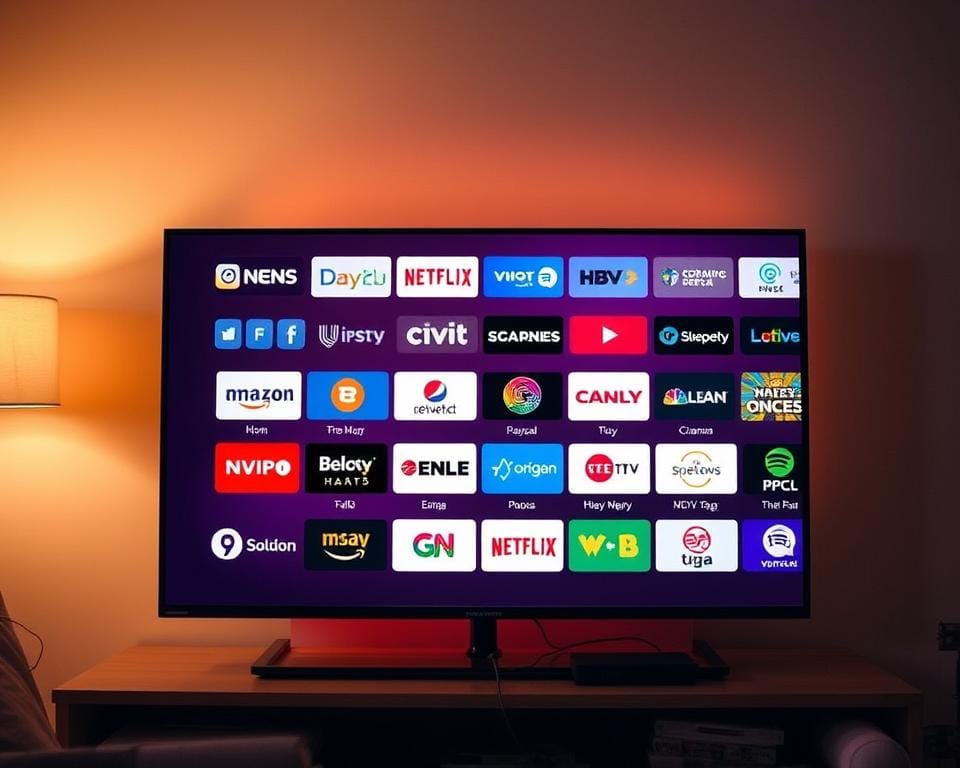 A diverse array of IPTV channels displayed on a sleek, modern television screen. The screen is set against a warm, minimalist background, with soft lighting creating a cozy, inviting atmosphere. The channel logos and program information are crisp and clear, showcasing the wide variety of content available through an IPTV subscription. The composition is balanced, with the television taking up the central focus, surrounded by subtle visual elements that complement the overall theme. The image conveys a sense of entertainment, connectivity, and the convenience of streaming a multitude of channels from a single subscription.