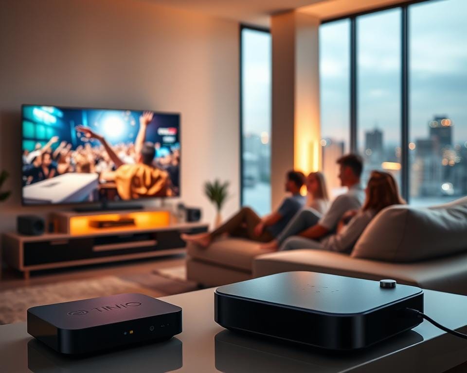 A futuristic scene of an IPTV service, showcasing the convenience of streaming television over the internet. In the foreground, a stylish minimalist living room with a large flatscreen TV displaying a vibrant, high-quality image. Beside it, a sleek media streaming device with clean lines and a modern aesthetic. The middle ground features a family relaxing on a comfortable couch, their faces illuminated by the warm glow of the screen, immersed in their favorite content. In the background, a city skyline visible through panoramic windows, hinting at the global reach and accessibility of this internet-based television service. The lighting is soft and diffused, creating a cozy, inviting atmosphere. The overall mood is one of convenience, entertainment, and the future of television.