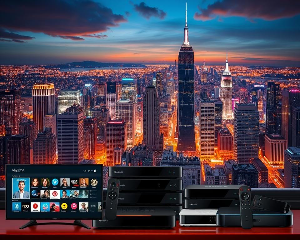 A grand, majestic IPTV service set against a backdrop of a vibrant cityscape. In the foreground, an elegant, modern interface showcases a diverse array of content options, with sleek icons and a clean, intuitive layout. The middle ground features an array of streaming devices, each with a distinct and sophisticated design, hinting at the versatility and compatibility of the IPTV platform. In the background, the bustling city skyline, complete with towering skyscrapers and a dazzling array of lights, symbolizes the breadth and scale of the entertainment possibilities offered by Majestic IPTV. The scene is bathed in a warm, inviting glow, conveying a sense of comfort, reliability, and a premium viewing experience.