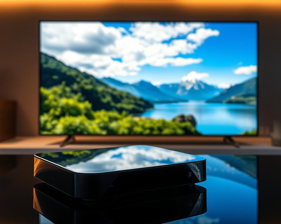 A high-definition, crystal-clear image of a sleek, modern IPTV set-top box displaying vibrant, lifelike video. The device is positioned prominently in the foreground, its smooth, minimalist design and glossy black finish reflecting the ambient lighting. In the middle ground, the video on the screen captures a stunning natural landscape, with lush green foliage, a serene lake, and majestic snow-capped mountains in the distance. The lighting is soft and natural, with subtle highlights enhancing the depth and clarity of the image. The overall mood is one of tranquility and technological sophistication, perfectly conveying the "incomparable image and sound quality" of the Majestic IPTV service.