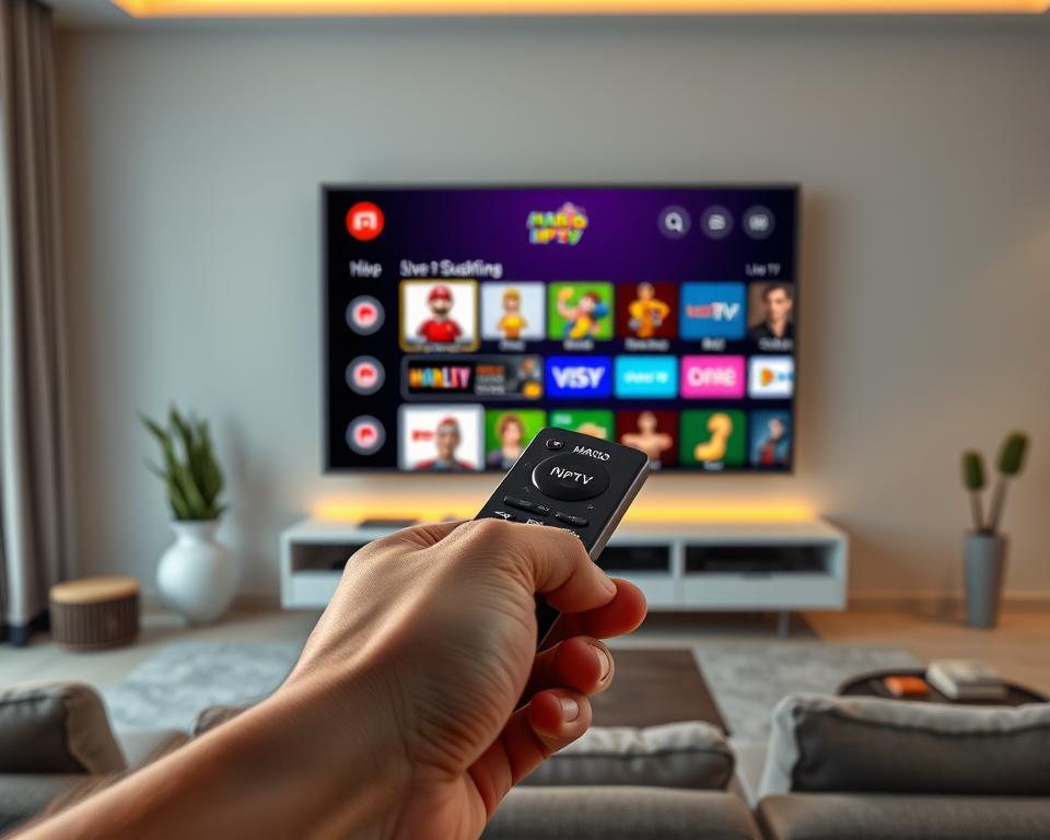 A high-quality, realistic digital illustration of a Mario-themed IPTV subscription service. In the foreground, a person's hand holding a sleek, modern remote control with a prominent "MARIO IPTV" logo. The remote is backlit, creating a soft, warm glow. In the middle ground, a large, 4K smart TV screen displays a vibrant, high-definition live TV interface with a variety of channel icons and a clean, intuitive user interface. The background is a minimalist, modern living room setting with neutral tones, subtle texture, and strategic lighting to create depth and atmosphere. The overall mood is one of premium quality, cutting-edge technology, and an immersive, cinematic viewing experience.