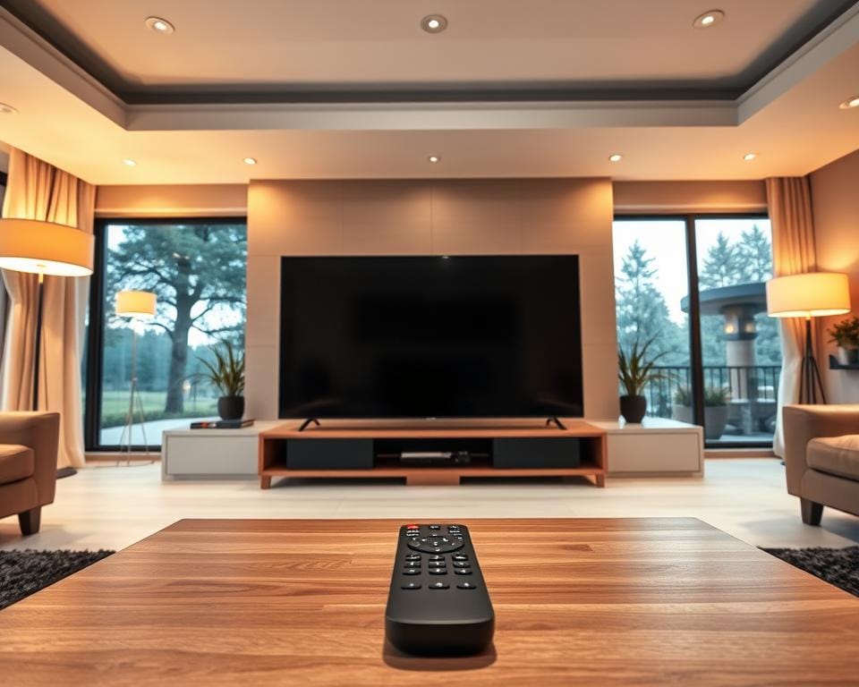 A luxurious living room scene with a large, modern flat-screen TV taking center stage. In the foreground, a sleek, minimalist black remote control lies on a low, wooden coffee table, hinting at the IPTV subscription service being advertised. Soft, warm lighting from floor lamps and recessed ceiling fixtures creates a cozy ambiance, while large windows in the background offer a glimpse of a picturesque, tree-lined outdoor view. The room is decorated with neutral tones and clean, contemporary furnishings, exuding an air of sophistication and comfort that complements the premium IPTV offering.