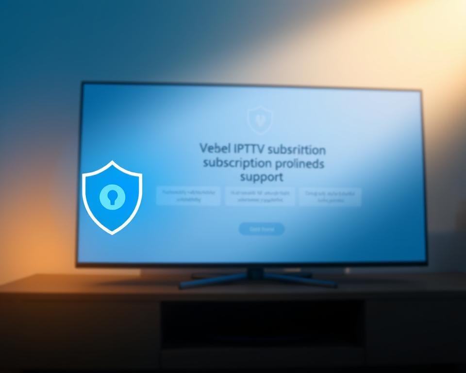 A modern, sleek IPTV subscription protection service. In the foreground, a digital shield icon symbolizes the security and safeguarding of the user's IPTV subscription. The middle ground features a minimalist UI with clean typography, highlighting the key benefits: reliability, privacy, and customer support. The background is a subtle gradient, evoking a sense of trust and professionalism. Soft lighting illuminates the scene, creating depth and dimensionality. The overall mood is one of assurance, confidence, and a premium IPTV experience.