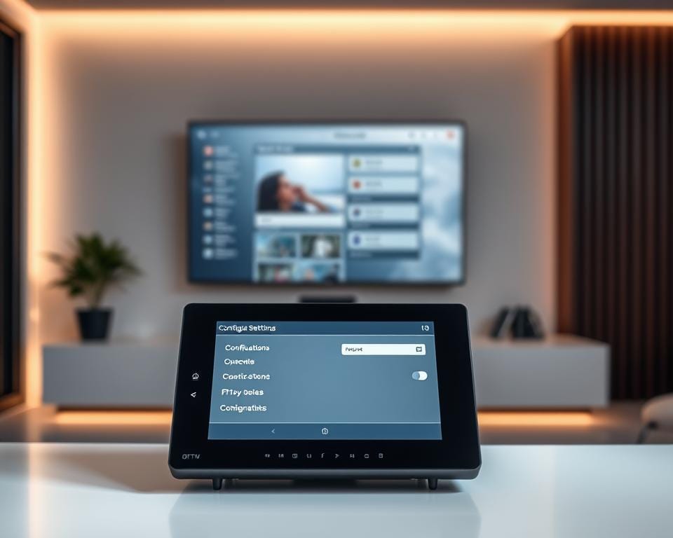 A modern, sleek digital device display showcasing the configuration settings for an IPTV VIP service. The foreground features a high-resolution touchscreen interface with intuitive controls and a clean, minimalist design. The middle ground shows the device placed on a minimalist desk or table, with subtle ambient lighting creating a sense of depth and atmosphere. The background has a blurred, out-of-focus backdrop, hinting at a contemporary home or office environment. The overall composition conveys a sense of sophistication, technology, and the user-friendly experience of setting up a premium IPTV service.