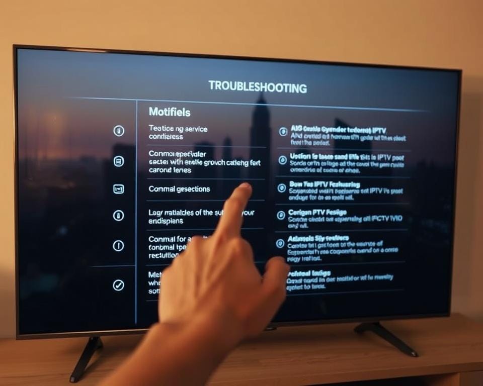 A modern, sleek smart TV interface displaying various IPTV VIP service troubleshooting options. In the foreground, a hand interacts with the touch screen, navigating through menus and options. The middle ground features a minimalist, high-contrast UI design with clear icons and text, guiding the user through common IPTV VIP issues. The background has a subtle, out-of-focus cityscape, conveying a sense of connectivity and the digital world. The lighting is warm and soft, creating a welcoming and user-friendly atmosphere. The camera angle is slightly elevated, giving a sense of control and oversight over the troubleshooting process.