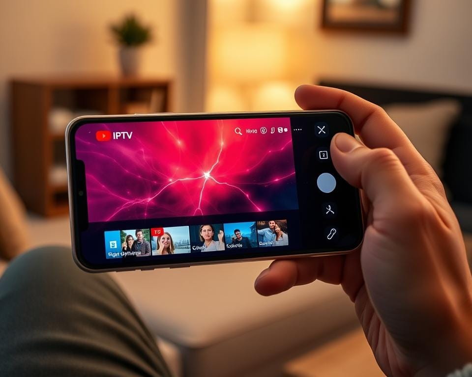 A modern smartphone screen displaying a sleek IPTV interface, its intuitive menu seamlessly navigable with a user's fingertips. The device rests comfortably in hand, its metal and glass construction exuding a premium, cutting-edge aesthetic. Vibrant, high-definition video streams across the expansive display, immersing the viewer in a cinematic entertainment experience. Soft, diffused lighting illuminates the scene, creating a cozy, living room-like ambiance. The smartphone's camera is angled to showcase the IPTV platform's versatility, emphasizing its suitability for on-the-go media consumption. An air of sophistication and technological advancement permeates the image, reflecting the article's focus on the exceptional online television service.