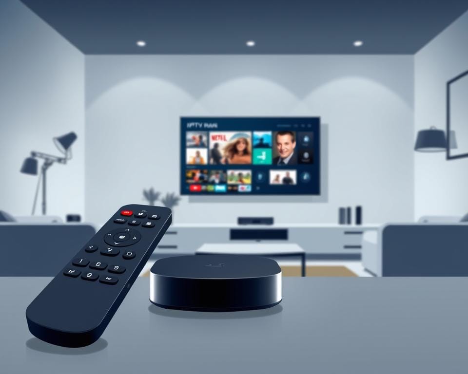 A modern, stylish illustration of an IPTV subscription service. In the foreground, a sleek remote control and streaming device, conveying the ease of use and convenience of IPTV. In the middle ground, a variety of live TV channels and on-demand content displayed on a large, high-definition screen, showcasing the breadth of entertainment options. In the background, a minimalist, clean-lined living room setting, evoking a cozy, contemporary atmosphere. The image should be rendered in a soft, muted color palette with subtle lighting, creating a premium, high-quality aesthetic that aligns with the sophistication of the IPTV service.