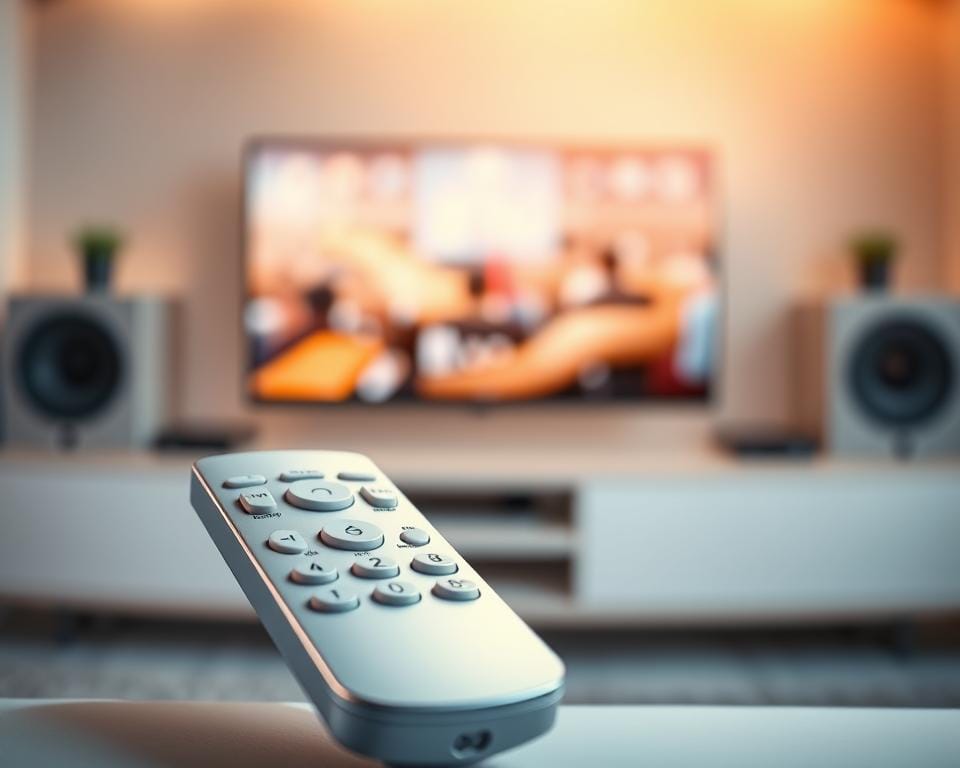 A sleek and modern IPTV subscription service. In the foreground, a gleaming silver remote control with a clean, minimalist design. The remote is set against a soft, blurred background of a high-tech media center, hinting at the seamless integration of the IPTV service. Subtle lighting from above casts a warm, inviting glow, creating a premium, high-end atmosphere. The composition is balanced and visually appealing, with the remote as the central focus, emphasizing the simplicity and ease of use of the IPTV offering. The overall mood is one of sophistication, efficiency, and a premium entertainment experience.