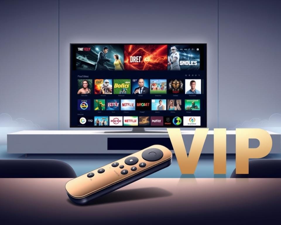 A sleek and modern illustration showcasing a high-end IPTV VIP subscription. In the foreground, a stylized remote control or streaming device in a luxurious metallic finish, hinting at the premium quality of the service. In the middle ground, a vibrant display depicting a diverse array of content, from blockbuster movies to live sports, representing the comprehensive entertainment options available with the IPTV VIP plan. The background features a minimalist, high-tech environment, perhaps with subtle nods to cloud computing or digital infrastructure, conveying the advanced technology powering the IPTV VIP experience. The overall mood is one of sophistication, exclusivity, and the promise of a truly exceptional streaming experience.