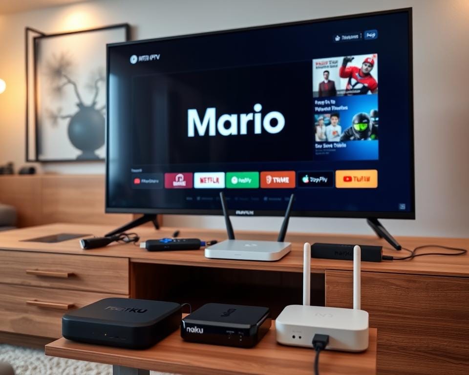 A sleek, modern IPTV setup on a minimalist wooden entertainment unit. In the foreground, a smart TV displays the Mario IPTV interface, showcasing its clean, intuitive design. Surrounding the TV are various streaming devices like a Roku, Fire TV Stick, and Android TV box, connected via HDMI cables. In the middle ground, a wireless router and network switch provide the reliable internet connection required for seamless IPTV streaming. The background features a stylish living room setting with warm, indirect lighting and abstract wall art, creating a cozy, tech-savvy atmosphere. The overall scene conveys the ease and sophistication of setting up the Mario IPTV service on multiple devices.