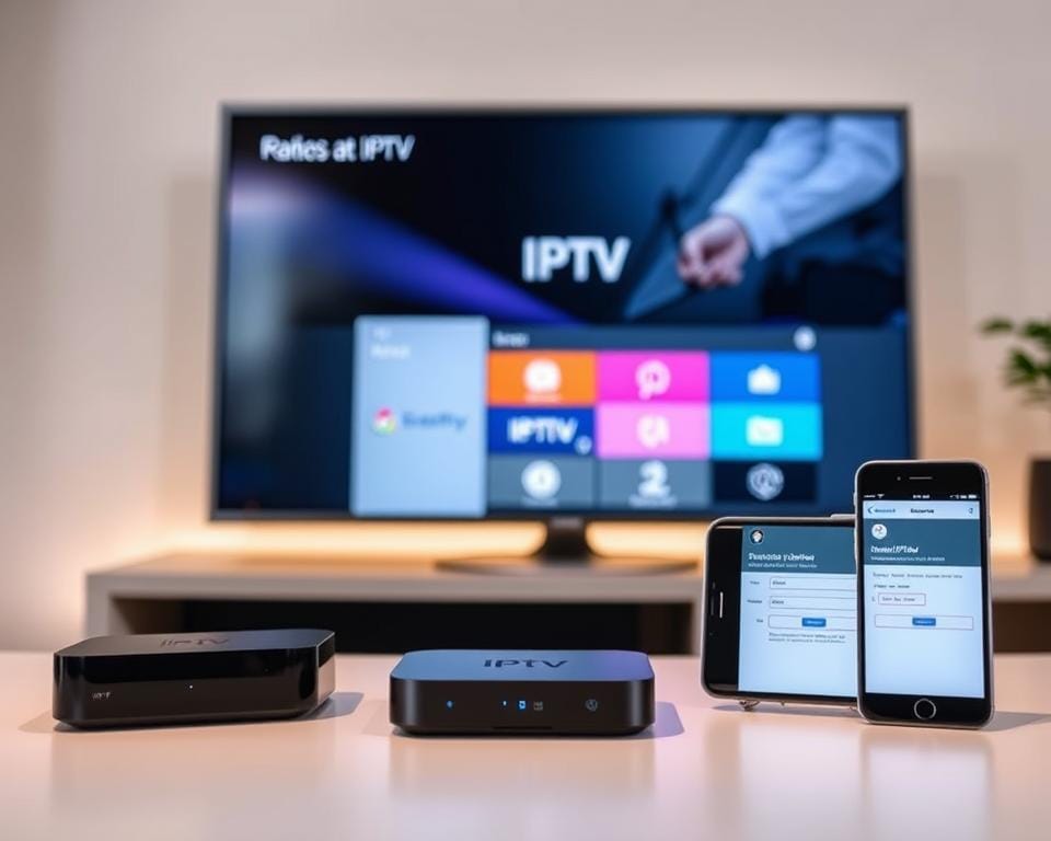 A sleek, modern IPTV setup with a smart TV, streaming box, and mobile device showcasing the configuration process. The TV screen displays the IPTV interface, while the streaming box and mobile device demonstrate the step-by-step setup. Soft, indirect lighting illuminates the scene, creating a warm, inviting atmosphere. The devices are arranged in a clean, minimalist layout, emphasizing the user-friendly nature of the IPTV configuration. The overall scene conveys the effortless and seamless experience of setting up an IPTV subscription.