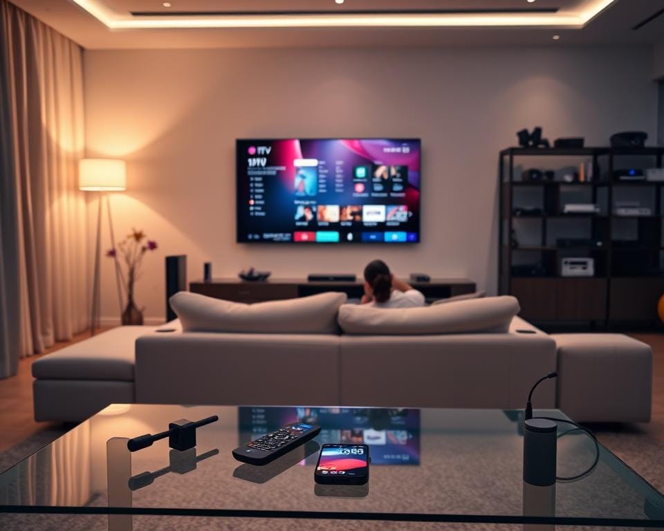 A sleek, modern living room with a large TV screen displaying a vibrant IPTV interface. The room is bathed in warm, diffused lighting, creating a cozy and inviting atmosphere. On a glass coffee table in the foreground, a remote control and a smartphone rest, hinting at the seamless integration of digital entertainment. The middle ground features a comfortable, minimalist sofa where a person is relaxing, engrossed in the IPTV content. In the background, shelves laden with media devices and streaming accessories suggest the user's dedication to curating the ultimate home entertainment experience.