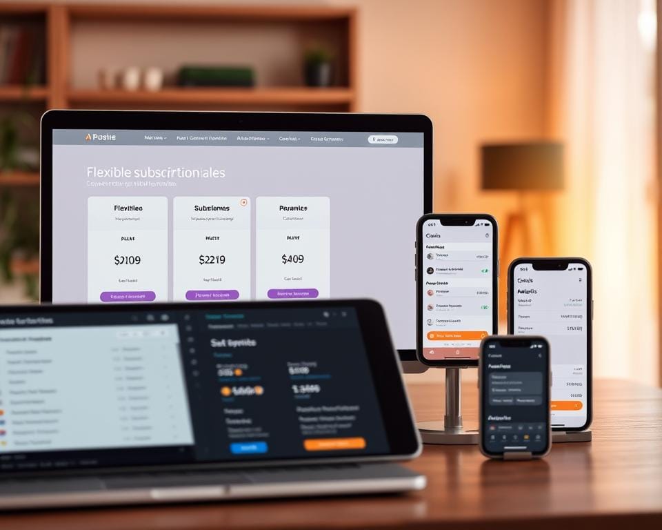 A sleek, modern web interface showcasing a range of flexible subscription options. In the foreground, a laptop or tablet device displays a clean, minimalist design with clearly labeled plan tiers and pricing details. The middle ground features several mobile devices, each presenting a different subscription management screen - account settings, payment information, and usage analytics. The background depicts a serene, softly-lit office or home environment, highlighting the convenience and reliability of the subscription service. Warm, natural lighting casts a subtle glow, emphasizing the trustworthiness and accessibility of the "abonnement fiable" offering.