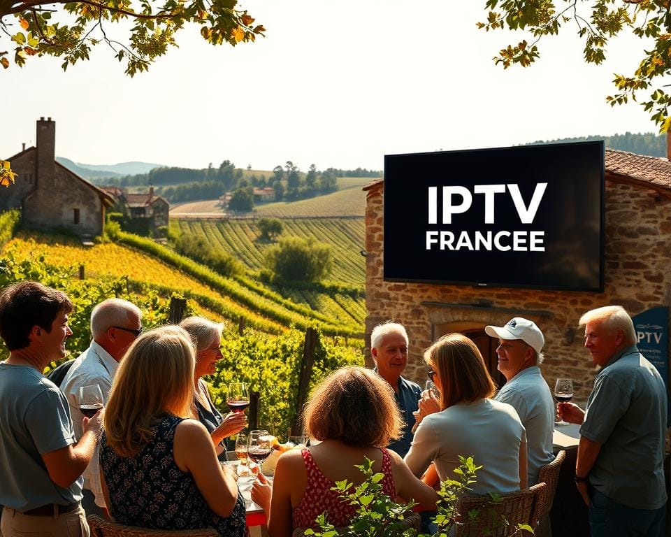 A sun-drenched French countryside scene, with a charming rustic cottage nestled among rolling hills and lush vineyards. In the foreground, a group of people - a diverse mix of ages and backgrounds - gather together, sharing stories and experiences as they enjoy a glass of wine. The mood is warm and convivial, with natural lighting filtering through the trees and casting a soft, golden glow over the scene. In the background, a large flat-screen television mounted on the cottage's weathered stone wall displays the IPTV France logo, subtly hinting at the digital content and entertainment options available to these French users.