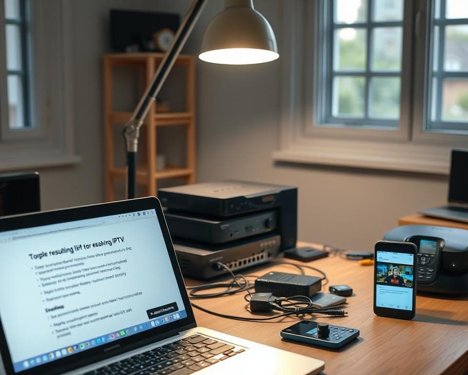 A technician's workbench with an array of cables, routers, and electronic devices, illuminated by a warm desk lamp. The foreground features a laptop displaying troubleshooting steps for resolving IPTV issues, while the middle ground showcases a set-top box and a smartphone displaying IPTV streaming content. The background depicts a minimalist home office setting, with a window providing natural light and a sense of calm. The overall atmosphere conveys a problem-solving ambiance, with the tools and technology at hand to address common IPTV challenges.
