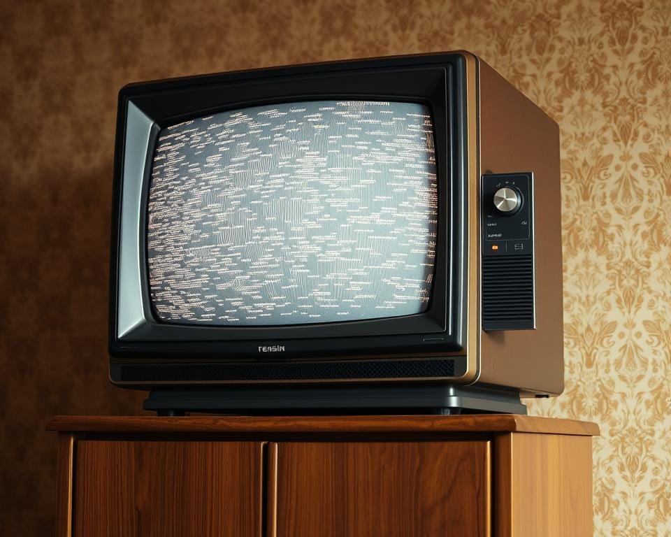 A vintage television set from the 1970s or 1980s sits atop a wooden cabinet, its screen flickering with static and distortion. The lighting is soft and warm, creating a nostalgic atmosphere. The television's controls and dials are clearly visible, hinting at the user's attempts to troubleshoot the reception issues. In the background, a retro wallpaper pattern or textured surface adds depth and character to the scene. The overall composition conveys a sense of frustration and the need to resolve the technical problems plaguing this beloved, well-worn television set.