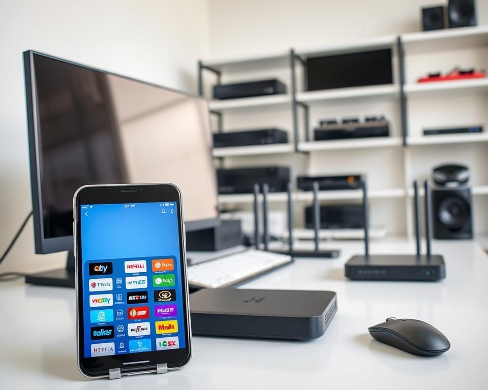 A well-lit modern home office setup, with a sleek desktop computer, a high-resolution monitor, and a wireless keyboard and mouse. In the foreground, a smartphone or tablet is prominently displayed, showcasing the IPTV app interface with a grid of channel logos. The middle ground features various networking equipment, such as a router, modem, and media streamer, all neatly arranged. The background includes shelves or a wall-mounted media center with various video and audio components. The overall atmosphere is clean, organized, and focused on the technology needed to set up and enjoy a comprehensive IPTV experience.