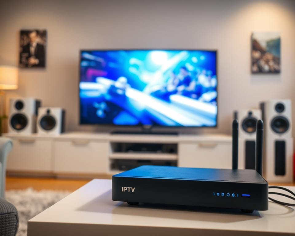 An assortment of IPTV equipment in a well-lit home entertainment setup. In the foreground, a sleek IPTV set-top box rests on a modern media console, its clean lines and matte finish complementing the decor. In the middle ground, a high-definition television displays a vibrant, crystal-clear image, immersing the viewer in the content. The background features tasteful home theater elements, such as surround sound speakers and cable management, creating a cohesive and technologically advanced viewing experience. The lighting is warm and inviting, setting a cozy atmosphere perfect for enjoying IPTV entertainment at home.